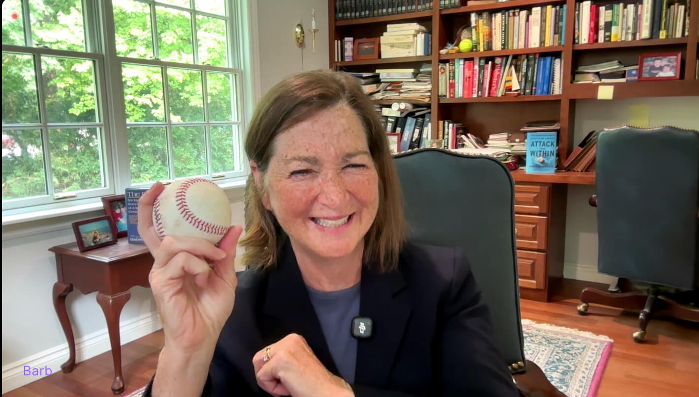 Barb McQuade with a baseball